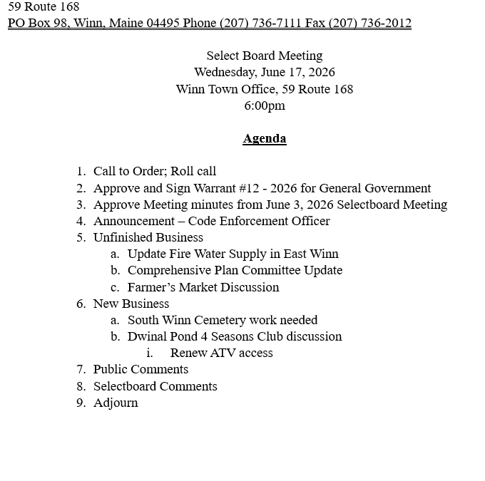 SELECTBOARD AGENDA 6/17/26
